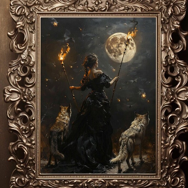 Hecate Crossroads Night Greek Goddess Witchcraft Magic Hekate Full Moon Holding Torches With Wolves, Witchy Artwork Pagan Esoteric Art L66