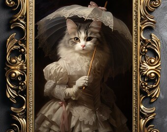 Cute Elegant Cat Victorian Noble Lady Humorous Art Fine Art Giclee Vintage Painting Wall Art Poster Whimsical Pet Victorian Gothic f69