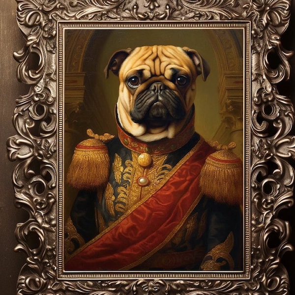 Gothic Pug Dog Victorian Rennasaince Gentleman Fine Art Giclee, Vintage Painting Wall Art Poster, Whimsical Animals, Dark Academia J96