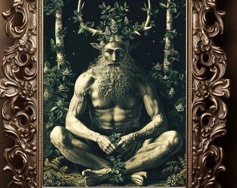 Cernunnos God of Nature,  Green Man Pagan God, Celtic Druid Mythology Wall Art, Nature Deity Print, Gaelic Gods Altar Artwork Painting M32