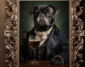 Gothic Black Pug Dog Victorian Gentleman, Pub Artwork, Fine Art Giclee, Vintage Painting, Whimsical Animals Poster, Dark Academia k26