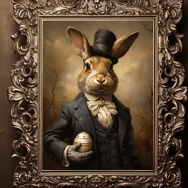 Victorian Easter Gothic Rabbit Dapper Gentleman Funny Bunny Cool Art, Fine Art Giclee, Vintage Painting Wall Art Poster,  Dark Academia k95