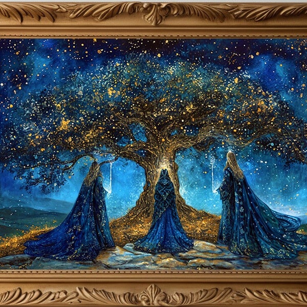 The Norns Tree of Life Print, Pagan Goddess Norse Mythology Painting, Celestial Cosmic Tapestry Mythical Art Print, Esoteric Art L07