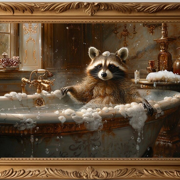 Racoon Bath Victorian Bathtub, Bathroom Whimsical Humorous Fine Art Print, Animal Bubble Bath Vintage Painting Whimsical Wall Art  L82