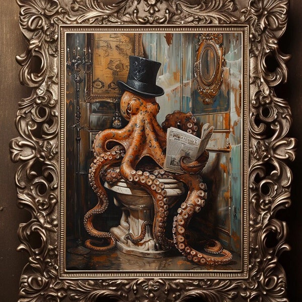 Victorian Octopus Gentleman Reading Newspaper on Toilet Whimsical Fine Art Print Top Hat Giclee Vintage Painting Wall Art M12