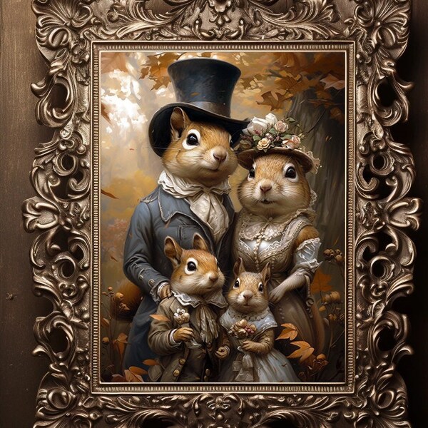Victorian Squirrel Family Regal Fine Art Giclee, Vintage Painting Wall Art Poster, Whimsical Animals, Dark Academia, Gothic Squirrel L35