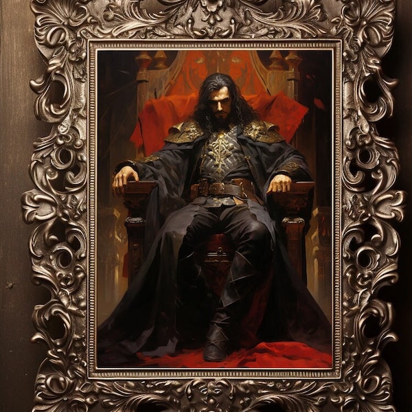 Dracula Vlad Tepes The Impaler Sitting on Throne Portrait Painting, Vampire Art Poster Print, Dark Gothic Castle Occult Poster E51