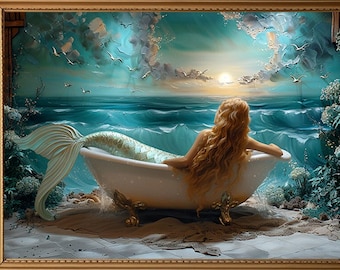 Beautiful Mermaid Bathtub Surreal Painting, Siren Wall Art, Water Nymph Poster Print, Dark Academia, Gothic Occult Poster, Nautical Art M18