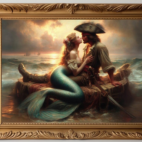 Beautiful Mermaid Pirate Love Story, Siren Vintage Painting, Art Poster Print, Dark Academia, Gothic Occult Poster, Nautical Art K88