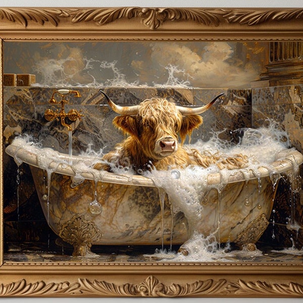 Highland Cow Bath Victorian Bathtub, Bathroom Whimsical Fine Art Print, Animal Bubble Bath Vintage Painting Wall Art, Whimsical Animal L80