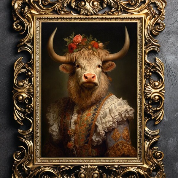 Highland Cow Lady Royalty Renaissance Gentleman Portrait Print, Victorian Highland Cow Painting Poster Fine Art Print, Scottish Poster E100