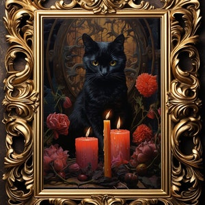 Black Cat Flowers and Candles,  Gothic Feline Art, Witchy Vintage Poster, Art Poster Print, Dark Academia, Victorian Wicca, f66