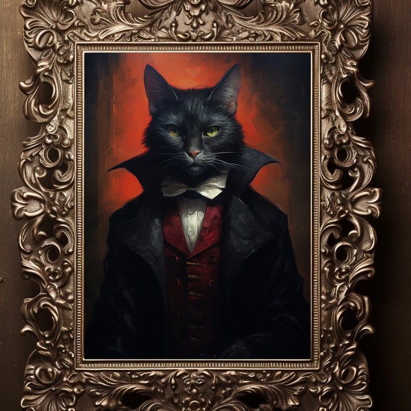 Gothic Black Cat Vampire Halloween Artwork, Gothic Medieval Portrait Painting Dark, Academia, Vintage Whimsical Feline Whimsical Art E49