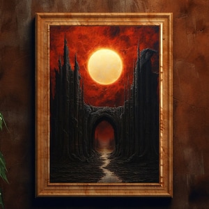 Gothic Dracula Castle Blood Moon Fine Art Print, Vintage Oil Painting, Fine Art Giclee, Vampire Poster, Sinister Landscape