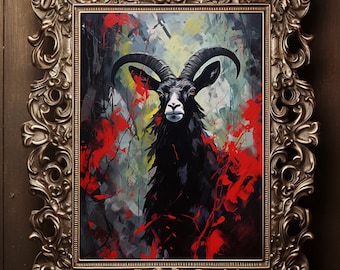 Black Goat Baphomet Print Dark Fantasy Medieval Black Magic Vintage Poster, Goth Giclee Fine Art Giclee Print, Witchcraft Painting