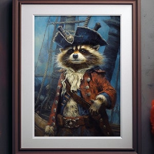 Raccoon Pirate Bucaneer Portrait, Nautical Print Art, Dressed Animal, Whimsical Animal Artwork,  Vintage Poster, Victorian Animal,  F41