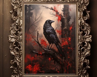 Gothic Crow Raven in the Dark Forest Gothic Victorian Oil Painting Poster,  Dark Academy Art, Vintage Classic Artwork, Fine Art Print, D98