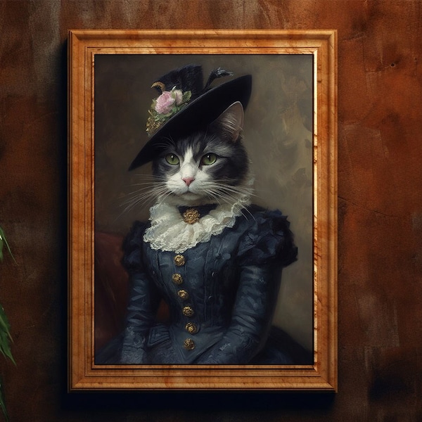 Cute Cat Elegant Victorian Lady Fine Art, Giclee Vintage Painting Wall Art Poster, Whimsical Gothic Poster Humorous Art, e18