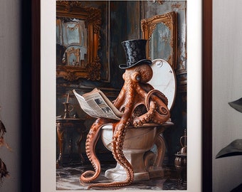 Octopus Victorian Gentleman Reading Newspaper on Toilet Whimsical Fine Art Print Fine Art Giclee Vintage Painting Wall Art L36