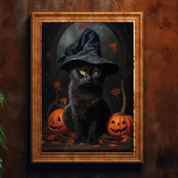 Cat Witch Black Cat, Halloween Feline Art, Witchy Vintage Poster, Art Poster Print, Dark Academia, Gothic Victorian Wicca Whimsical, E16