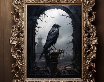 Victorian Raven Crow Abandoned Castle  Gothic Crow Print, Dark Academy Art Painting Vintage Classic Artwork, Home Decor, Fine Art Print, D90