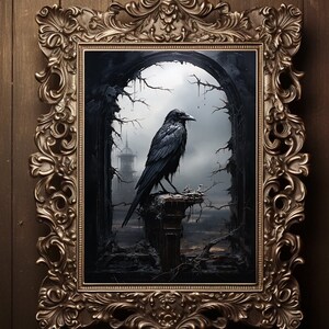 Victorian Raven Crow Abandoned Castle  Gothic Crow Print, Dark Academy Art Painting Vintage Classic Artwork, Home Decor, Fine Art Print, D90