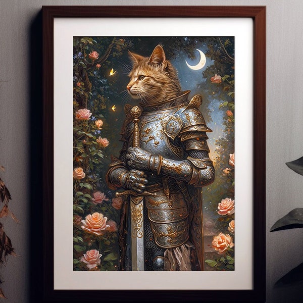 Ginger Cat Medieval Knight Moonlit Garden Fine Art Print Vintage Painting Wall Art Poster Whimsical Pet Animal Feline Victorian Gothic L16