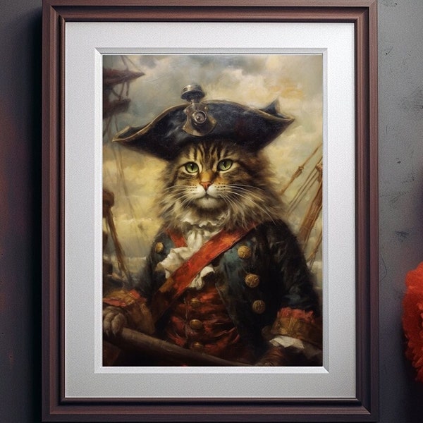Ginger Cat Ship Captain Nautical Art Fine Art Giclee Vintage Painting Wall Art Poster Whimsical Pet Animal Feline Victorian d11