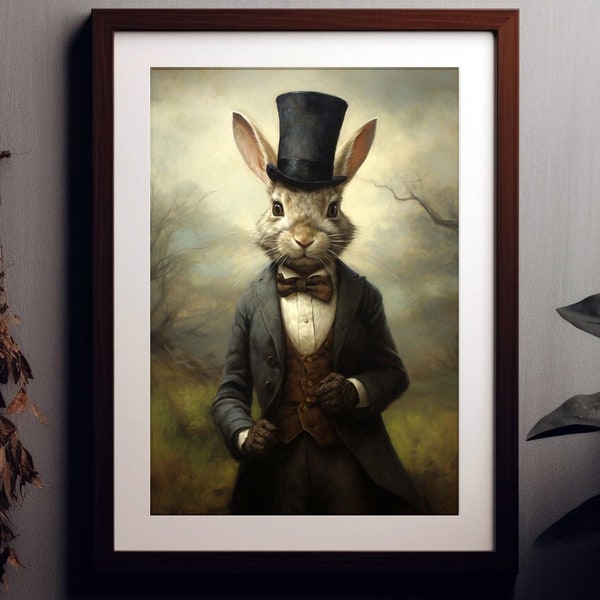 Victorian Rabbit Dapper Gentleman Funny Bunny Cool Art, Fine Art Giclee, Vintage Painting Wall Art Poster,  Dark Academia D94