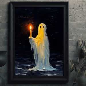 Gothic Ghost Oil Painting Holding Candle Halloween Print Giclee Poster Spooky Gothic Ghost Vintage Painting Abandoned Art e32