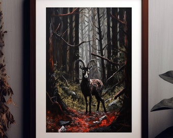 Black Goat Dark Forest, Baphomet Print, Evil Dark Fantasy Medieval Vintage Poster, Goth Woods Giclee Fine Art Print, Witchcraft Painting e31
