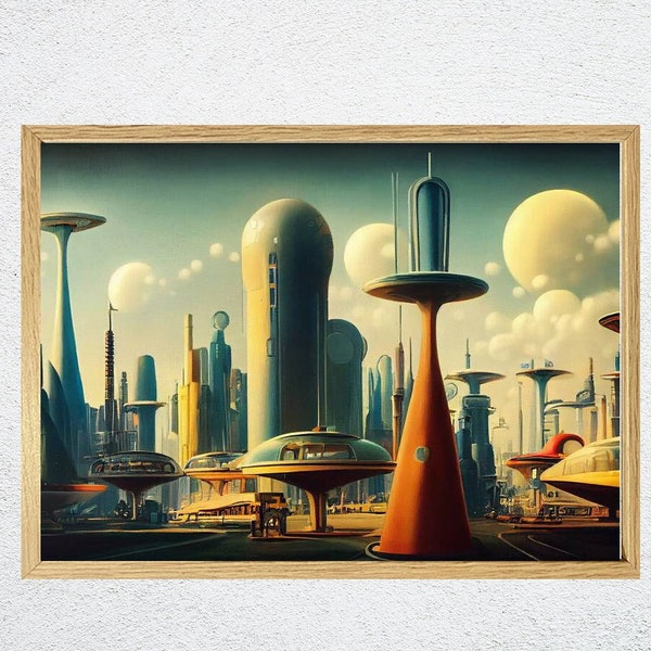 Futuristic City on Alien Planet, Retro Futurism Art, Sci-Fi Pop Space Vintage Oil Painting Poster Print Wall Art