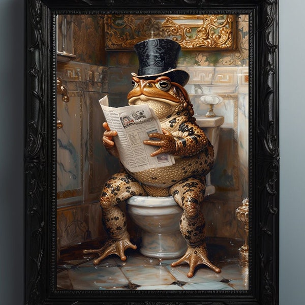 Frog Toad Gentleman Reading Newspaper on Royal Toilet Whimsical Fine Art Giclee Vintage Painting Wall Art Poster Watercolor L30