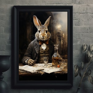 Victorian Rabbit Print Funny Bunny Cool Art, Fine Art Giclee, Vintage Painting Wall Art Poster, Whimsical Animals, Dark Academia D18