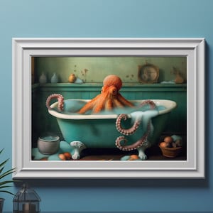 Octopus Print Bathroom Art, Fine Art Giclee, Vintage Painting Wall Art Poster, Watercolor Marine Life Ocean Art, Octopus Taking a Bath