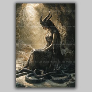 Lilith Dark Goddess of Rebellion and Serpents Art Print Mythology Feminine Power Cave Serpent Horned Woman Gothic Fantasy Illustration z97