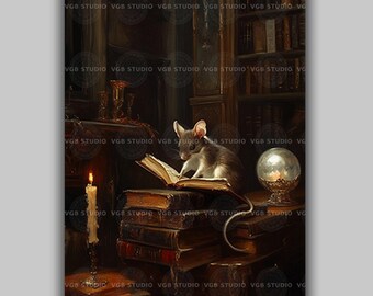 Mouse Reading by Candlelight Art Print, Enchanted Library with Crystal Orb, Magical Dark Academia Decor, Bookworm Gift AM91