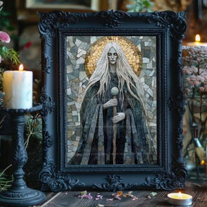 May include: A framed mosaic art print featuring a figure with long white hair, wearing a dark cloak, and holding a staff. The artwork is set against a gold halo and mosaic background, framed in a black ornate frame. The image is surrounded by candles.