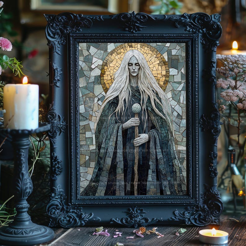 May include: A framed mosaic art print featuring a figure with long white hair, wearing a dark cloak, and holding a staff. The artwork is set against a gold halo and mosaic background, framed in a black ornate frame. The image is surrounded by candles.