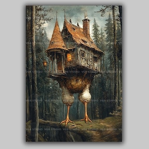 Baba Yaga Art Print Slavic Folklore Witch House Chicken Legs Forest Fantasy Wall Decor Dark Fairytale Illustration Whimsical Cottagecore y90