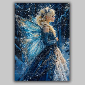 Fada do Inverno em Vestido Azul - Impressão de Arte Fantástica - Decoração de Elfo da Floresta Nevada - Rainha do Gelo AD25