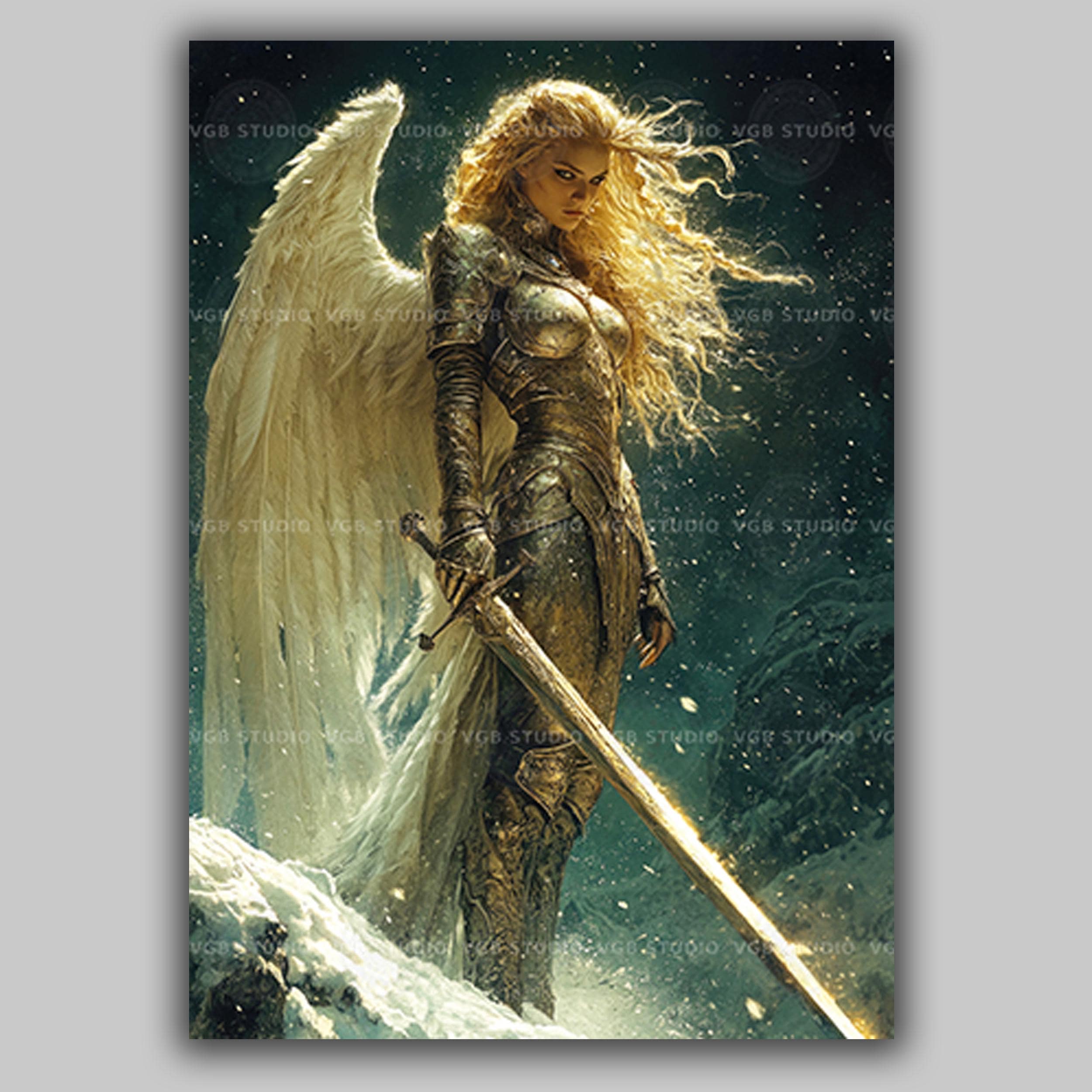 Valkyrie Art Print Norse Warrior Woman with Sword Angel Wings Snow Battle Goddess Mythology Decor Shieldmaiden Nordic Fantasy Wall Art ac22
