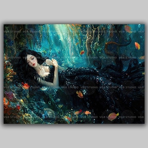 Underwater Siren Art Print Dark Mermaid Octopus Dress Fantasy Ocean Decor Surreal Sea Goddess Mythical Woman Deep Sea Dreamy Wall Art AD90