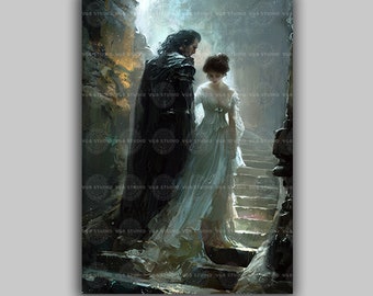Persephone and Hades Wall Art Dark Myth Romance Print Greek Underworld Couple Fantasy Staircase Scene Gothic Love Divine Feminine Decor M40