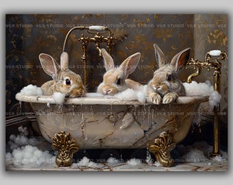 Kaninchen Bad Kunstdruck süsses Kaninchen Badezimmer Dekor skurril Kinderzimmer Wand Kunst Viktorianische Marmor Badewanne Illustration Tier Liebhaber Geschenk Ostern AE30