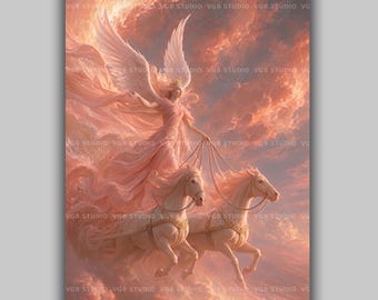 Aurora Eos Goddess of Dawn Art Print, Winged Sunrise Chariot Drawn by Two White Horses, Greek Roman Mythology Pink Wall Decor AN42