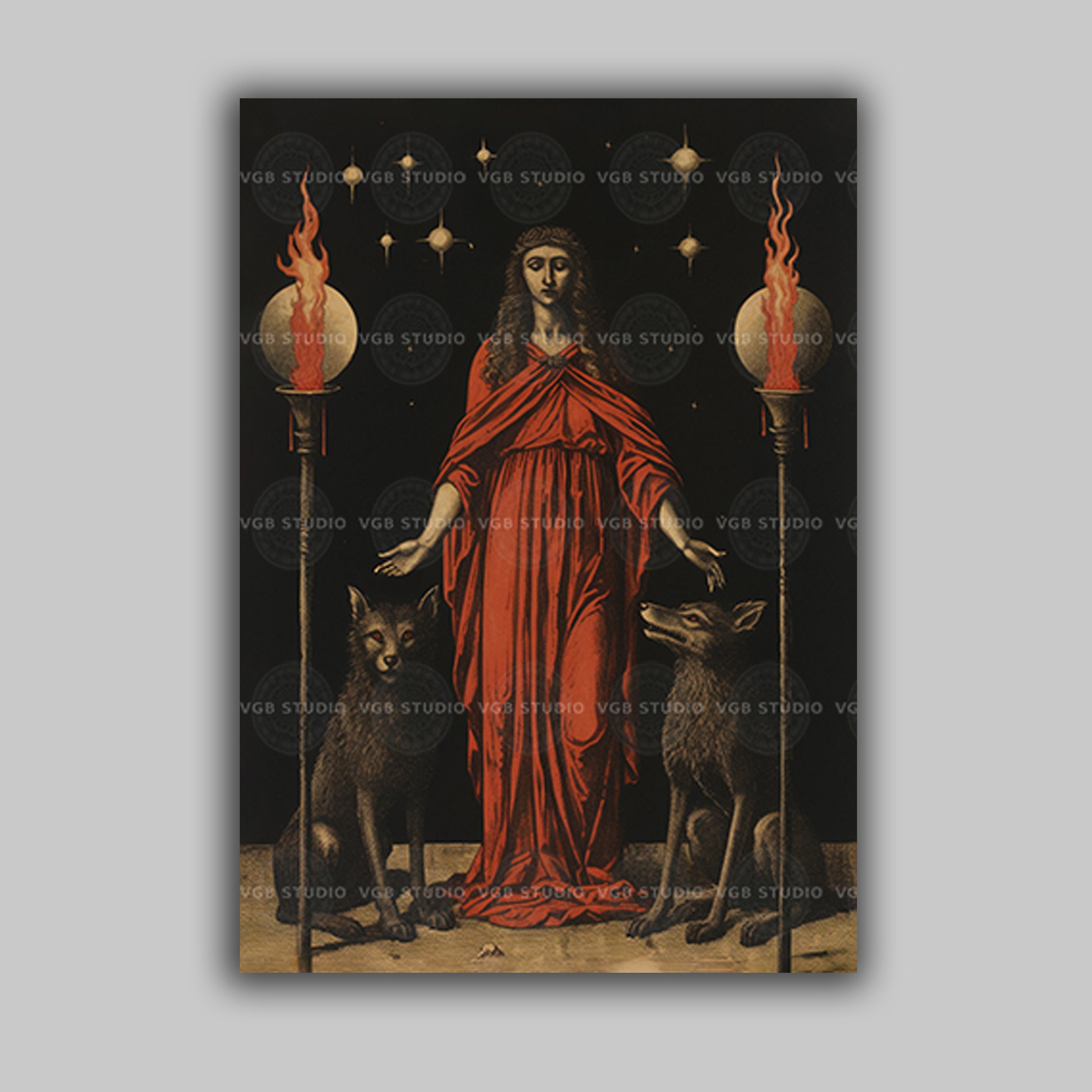 Hecate Art Print Greek Goddess of Magic Torches Wolves Occult Pagan Witch Wall Decor Dark Feminine Spiritual Mythology Triple Moon Gift E67