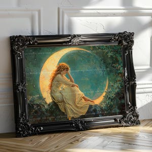 Woman on Crescent Moon Art Print | Celestial Fantasy Wall Decor | Stars Night Sky Dreamy Romantic Victorian Classical Ethereal Painting M75 image 6