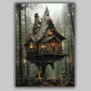Baba Yaga Hut Art Print, Folklore Wall Art, Whimsical Witch House Fantasy Woodland Painting, Dark Fairytale Witchy Home Fine Art Print z27