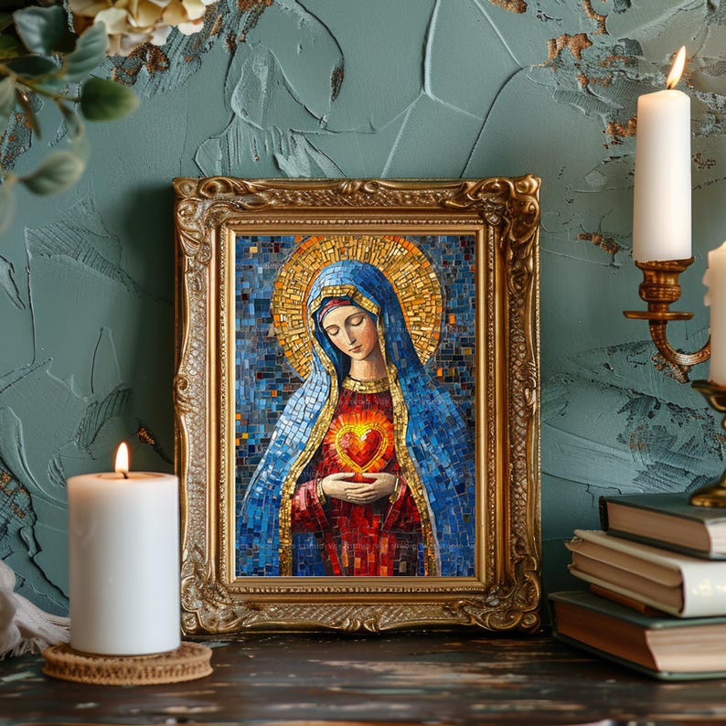 May include: A framed mosaic artwork depicting a religious figure with a blue veil and a golden halo. The figure holds a heart, framed in a gold ornate frame. The artwork is illuminated by candles.